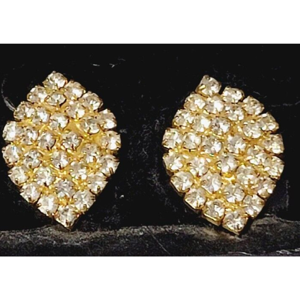 Vintage Sparkly Rhinestone Clip-on Earrings, Diamond-shaped Gold-tone wc-43 - Picture 5 of 6